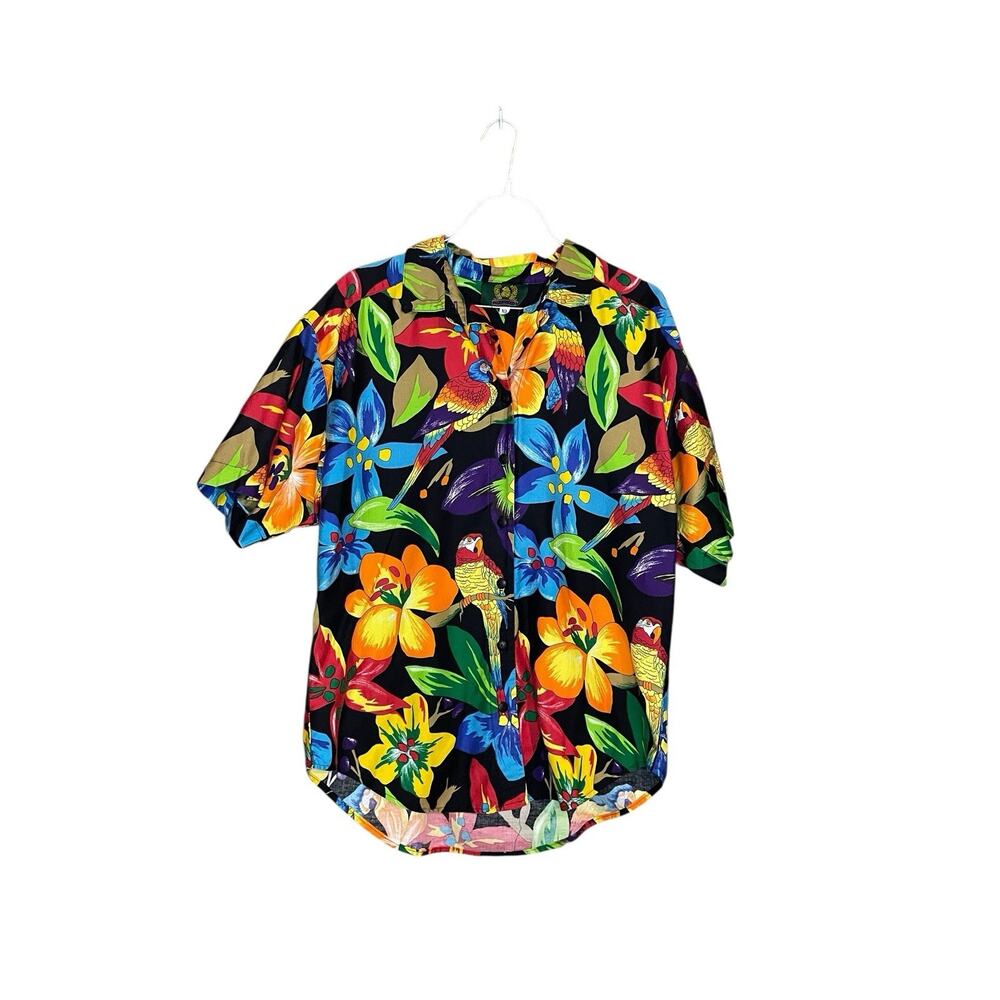 Colorful Hawaiian Short-Sleeve Button Down Women's Shirt Medium Parrott Print